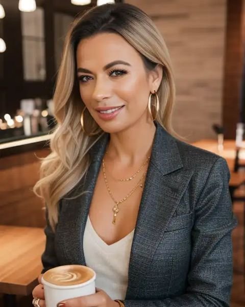 Shalina Devine – grey blazer and morning coffee